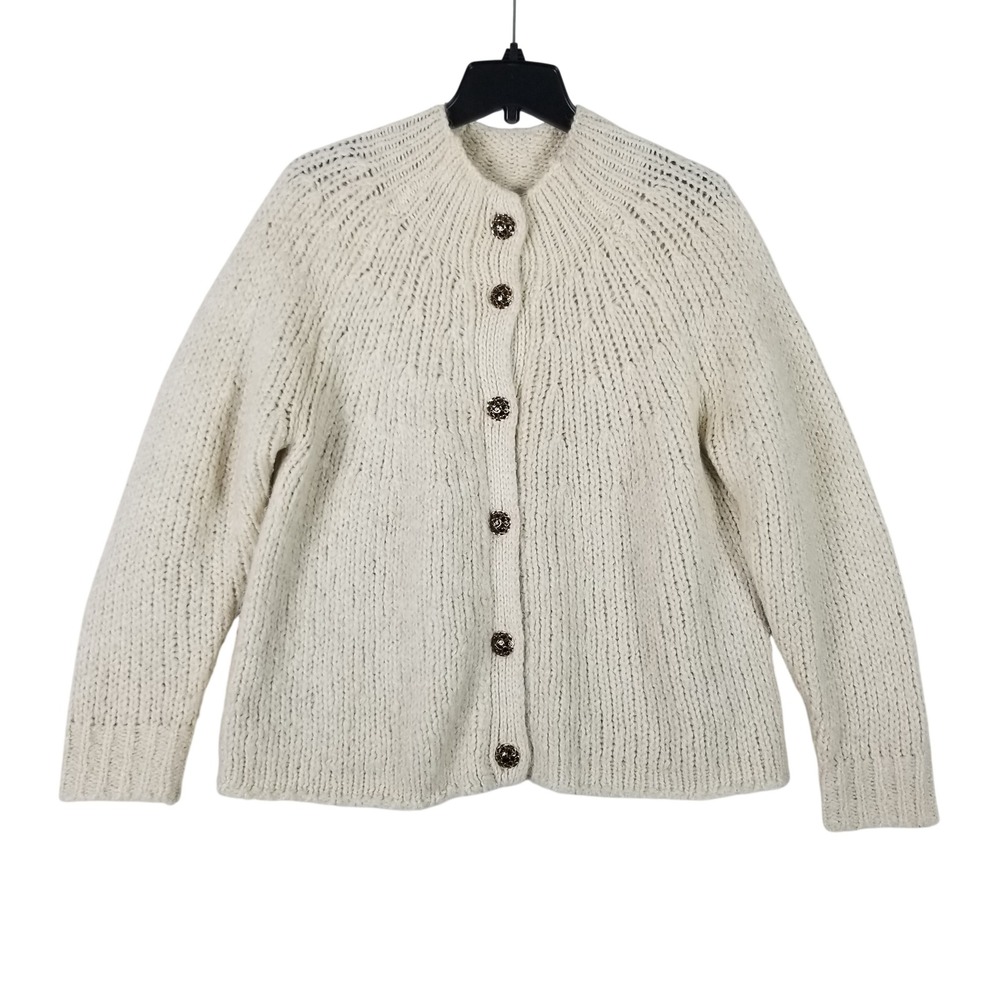 Zara Cardigan Sweater Womens L Ivory Chunky Knit Mohair Wool Blend Ornate Button